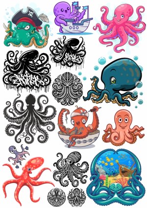 Octopus and Kraken Vector Collection with Cartoon and Tribal Designs Free Vector