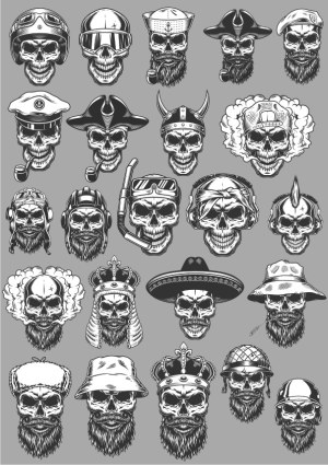 Collection of Detailed Skull Head Illustrations with Various Hats and Helmets Free Vector
