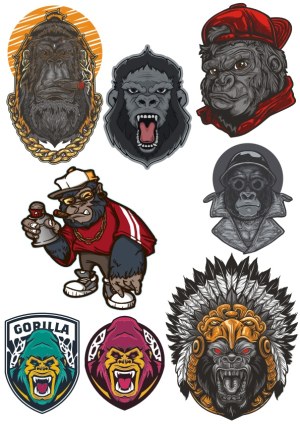 Set of Stylized Gorilla Vector Illustrations with Urban and Tribal Themes Free Vector