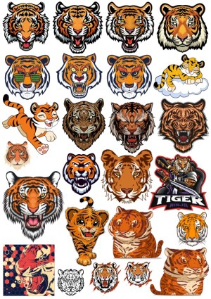 Collection of Tiger Head and Cartoon Tiger Vector Illustrations Free Vector