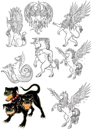 Detailed Mythical Creature Line Art and Colored Cerberus Vector Set Free Vector