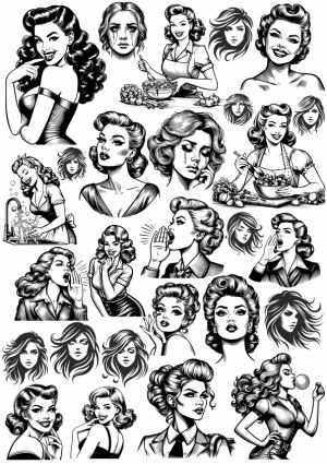 Vintage Black and White Pop Art Women Faces and Poses Vector Set Free Vector