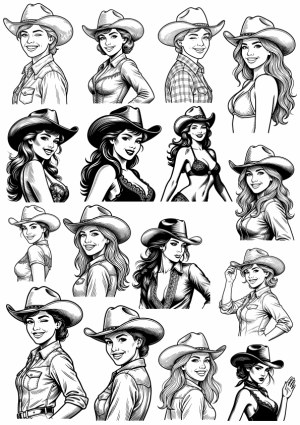 Set of Black and White Vector Illustrations of Women in Cowboy Hats Free Vector