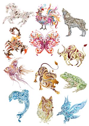 Floral Ornamental Animal Vector Set with Butterfly Free Vector