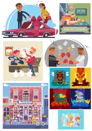 Diverse Colorful Vector Illustrations: Couple with Gift Car, Video Game, Business Deal, Boxing, Bookshop, Mythical Creatures, and Online Shopping Free Vector