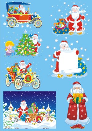 Christmas Santa Claus Vector Collection with Gifts, Cars, Tree, and Snowy Background Free Vector