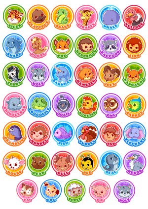 Cute Cartoon Animal Head Icons with Names Free Vector