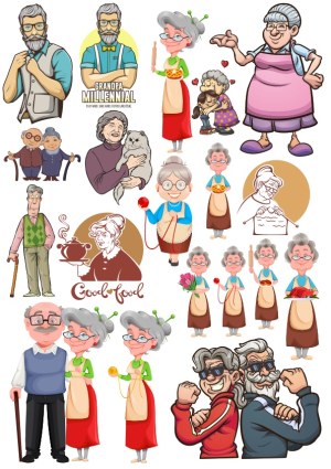 Cartoon Elderly Characters and Activities Vector Set Free Vector
