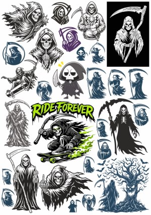 Grim Reaper Vector Collection with Skateboarding and Scythe Designs Free Vector
