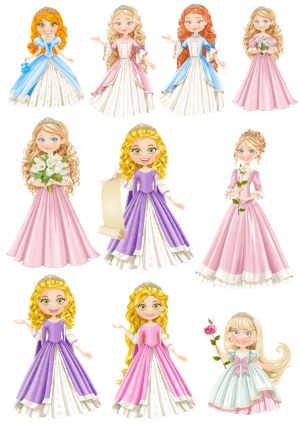 Set of Cartoon Princess Girls in Various Colorful Gowns and Poses Free Vector