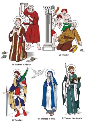 Christian Saints Depicted with Iconic Attributes and Martyrdom Scenes Free Vector