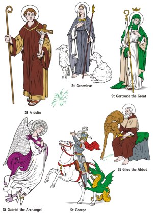Illustrations of Saints: St Fridolin, St Genevieve, St Gertrude the Great, St Gabriel Archangel, St George, and St Giles the Abbot Free Vector