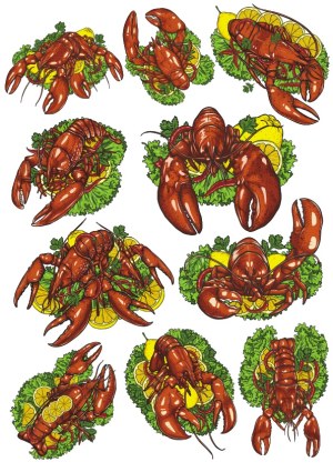 Vector Set of Cooked Lobsters on Lettuce and Lemon Garnishes Free Vector