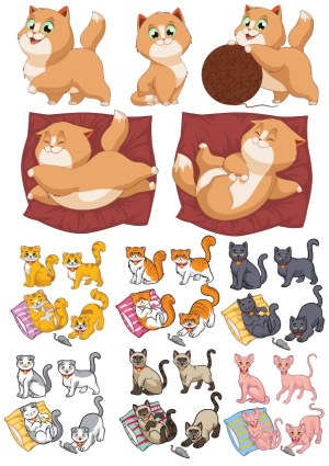 Set of Cartoon Cat Characters in Various Colors and Poses Free Vector