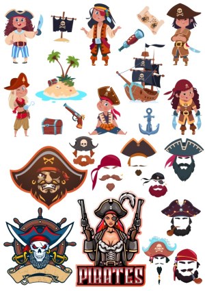 Pirate Characters, Icons, and Accessories Vector Collection Free Vector