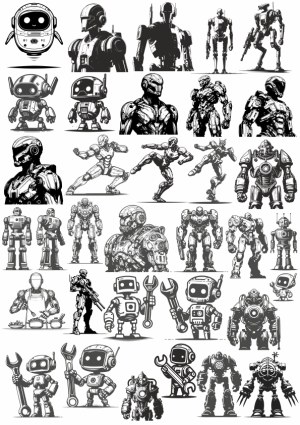 Collection of Black and White Robot and Cyborg Vector Illustrations Free Vector