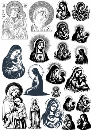 Black and White Vector Icons of Madonna and Child Free Vector