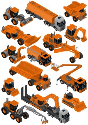 Set of Isometric Orange Construction and Heavy Machinery Vectors Free Vector