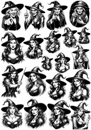 Collection of Detailed Witch Portraits and Poses in Black and White Free Vector