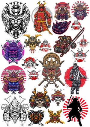 Vector Collection of Samurai and Oni Helmets, Masks, and Warriors Free Vector