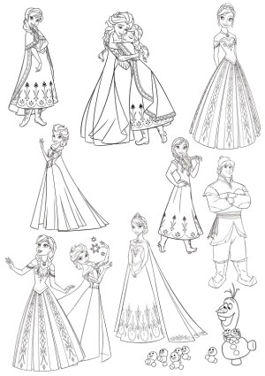 Black and White Line Art of Fantasy Royal Characters and Snowman Free Vector