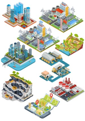 Isometric Vector Set of Urban and Industrial Scenes Free Vector