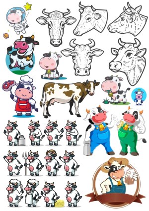 Collection of Cartoon and Realistic Cow Illustrations and Characters Free Vector