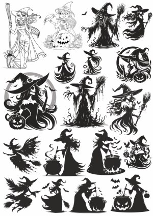 Black and White Halloween Witch Silhouettes and Illustrations Free Vector