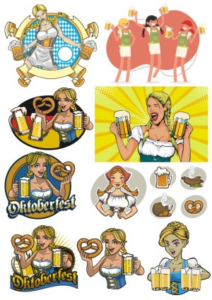 Oktoberfest Beer Maidens with Pretzels and Beer Mugs Vector Collection Free Vector
