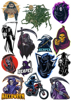 Set of Grim Reaper and Halloween Themed Vector Illustrations Free Vector