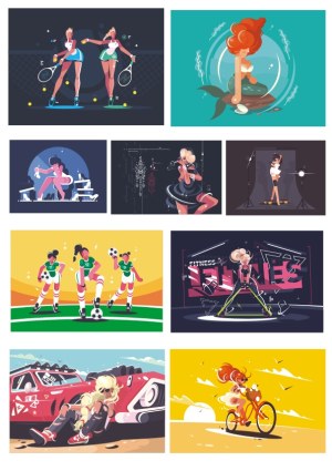 Collection of Stylized Vector Illustrations Featuring Sports, Fitness, and Adventure Scenes Free Vector