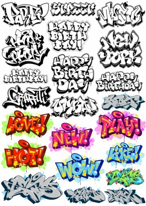 Collection of Colorful and Black-and-White Graffiti Style Words and Tags Free Vector