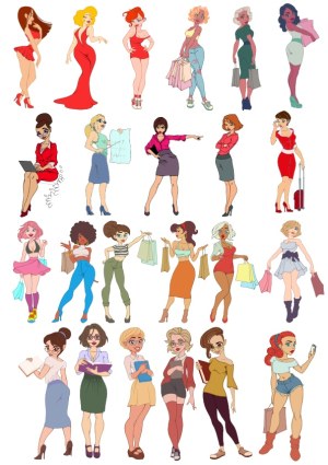 Collection of Diverse Cartoon Women Characters in Various Poses and Outfits Free Vector