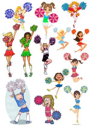 Cheerleader Girls with Colorful Pom-Poms in Various Poses Free Vector