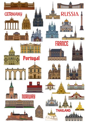Vector Illustrations of Famous Buildings from Germany, Russia, France, Portugal, Norway, and Thailand Free Vector