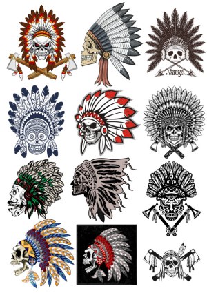 Set of Skull and Native American Headdress Vector Illustrations Free Vector
