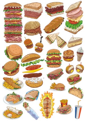 Hand-Drawn Fast Food and Sandwich Vector Collection Free Vector