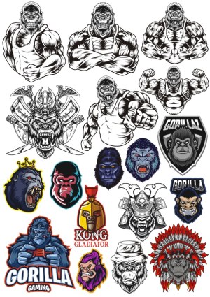 Collection of Aggressive and Muscular Gorilla Vector Illustrations and Logos Free Vector