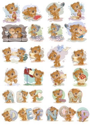 Cute Teddy Bear Characters with Letters and Everyday Activities Free Vector