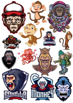 Diverse Cartoon and Mascot Monkey and Gorilla Vector Illustrations Free Vector