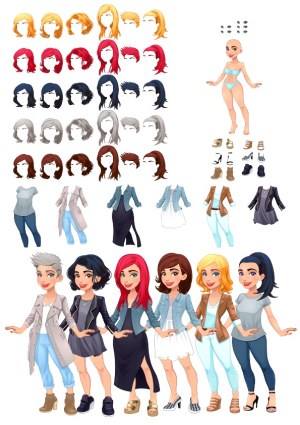 Customizable Female Character Creator with Diverse Hairstyles and Outfits Free Vector