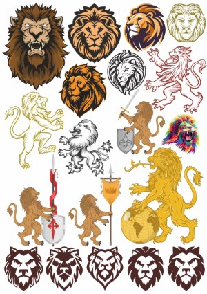 Collection of Diverse Lion Illustrations and Heraldic Lion Emblems Free Vector