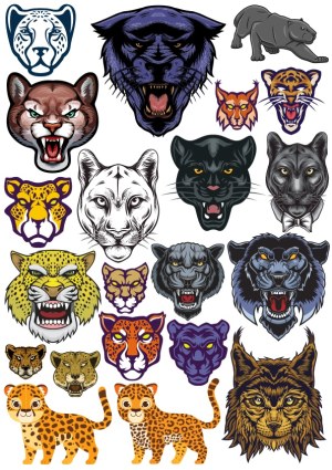 Collection of Stylized Big Cat and Lynx Vector Heads and Figures Free Vector