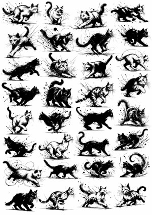 Set of Black and White Ink Style Cat Silhouettes and Sketches Free Vector