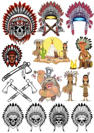 Native American Inspired Headdresses, Warriors, and Symbols Vector Set Free Vector
