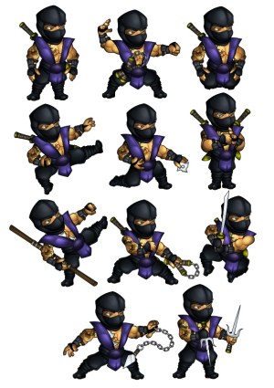 Cartoon Ninja Character Poses with Weapons Free Vector