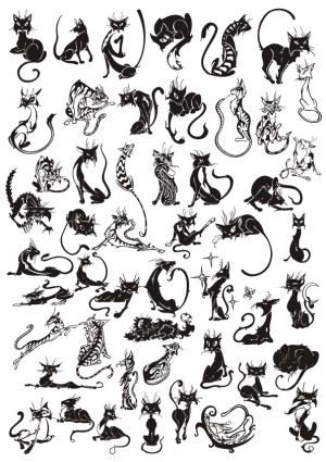 Collection of Abstract Black Cat Silhouettes in Various Poses Free Vector
