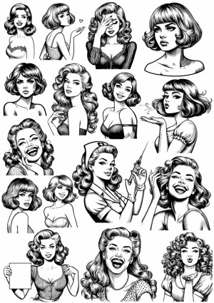 Retro Style Black and White Women Vector Illustrations Free Vector