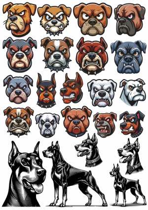 Collection of Aggressive and Fierce Dog Head Logos and Doberman Silhouettes Free Vector
