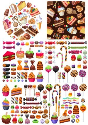 Colorful Assortment of Halloween Themed Sweets and Desserts Vector Pack Free Vector